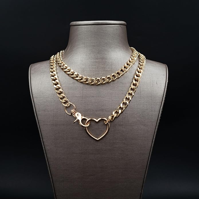Chunky Gold Choker Necklaces for Women, Long Gold Chain Heart Necklace, 36 Inches Slip Chain Adjustable Lariat Heart Y Necklace for Women and Men, Goth Chunky Heart Necklace Jewlery Gifts