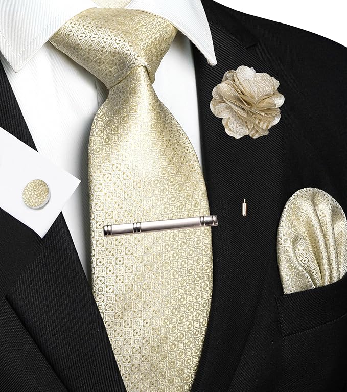 JEMYGINS Mens Tie and Pocket Square,Lapel Pin,Cufflinks,Tie Clip Sets with Gift Box 5PCS