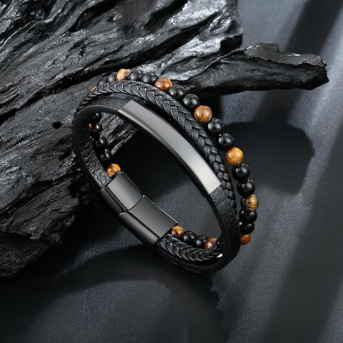 Mens Tiger Eye Matee Black Onyx Lava Rock Volcanic Stone Beaded Bracelet, Black Braided Leather Bracelet for Men