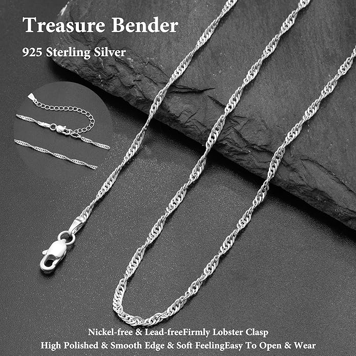 S925 Sterling Silver Wave Chain Necklace for Women - Sterling Silver Wave Chain Necklace Thick Sturdy Colourfast Necklaces Jewelery for Women 16/18/20/22 Inch