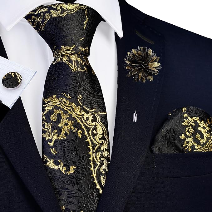 GUSLESON 8cm Paisley Tie Set for Men Necktie Lapel Pin Pocket Square Cufflinks Set for Men