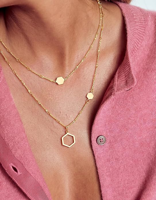 UBGICIG Honeycomb Layered Pendant Necklaces for Women Stackable, Dainty Y-Shaped Lariat Paperclip Pearl Heart Necklace, 16K Gold Silver Plated Long Necklaces Women's Trendy Drop Chain Necklace Jewelry