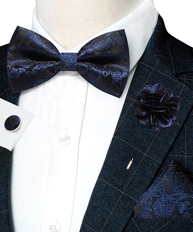 JEMYGINS Paisley Pre-tied Bow Tie and Pocket Square Cufflinks Lapel Pin Sets for Men 4PCS