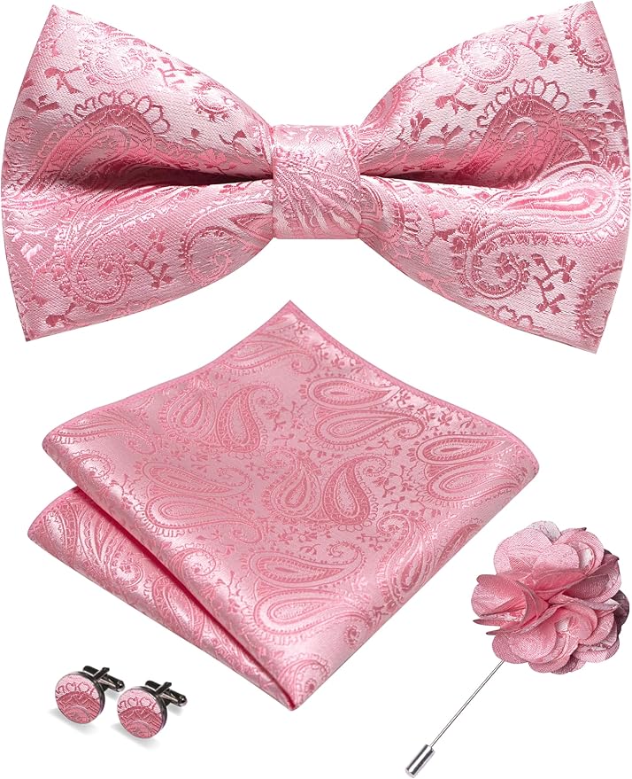 JEMYGINS Mens Paisley Bow Tie and Lapel Pin Necktie Pocket Square and Tie Clip with Sets for Business Casual 4PCS