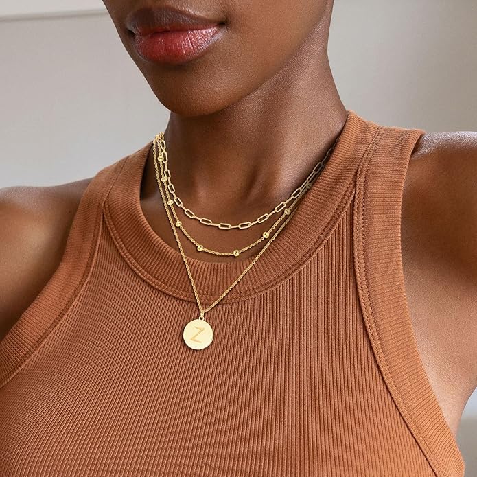 KSF Gold Layered Necklaces for Women Trendy - 18K Gold Plated Layered Choker Initial Letter Coin Pendants Necklace Stack Paperclip Chain Gold Jewelry Gifts Set Non Tarnish