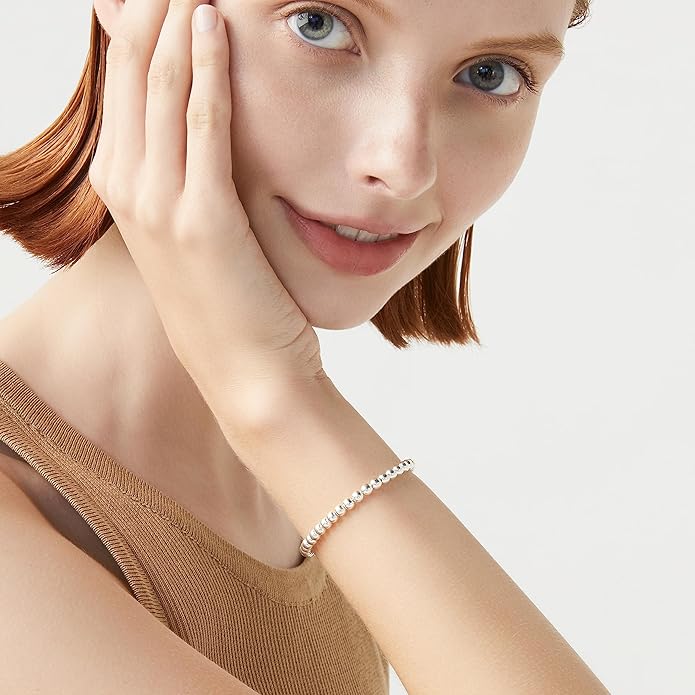 Miabella 925 Sterling Silver Italian Handmade 4mm Bead Ball Strand Chain Bracelet for Women, Made in Italy