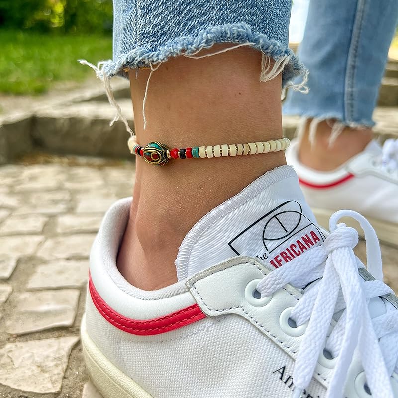 Made by Nami Boho Surfer Anklet Waterproof & Adjustable Beaded Anklets for Women Beachy Ankle Bracelet Made from Waxed Cotton Rope and Beads for Summer and Hippie Style (White)