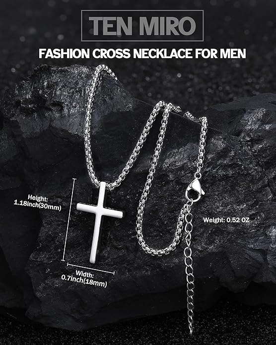 TEN MIRO Silver/Black Cross Necklace for Men Boy Stainless Steel Cross Pendant Necklace for Men Christian Religious Jewelry with Box & Card Birthday Anniversary Christmas Father's Day Gifts for Him