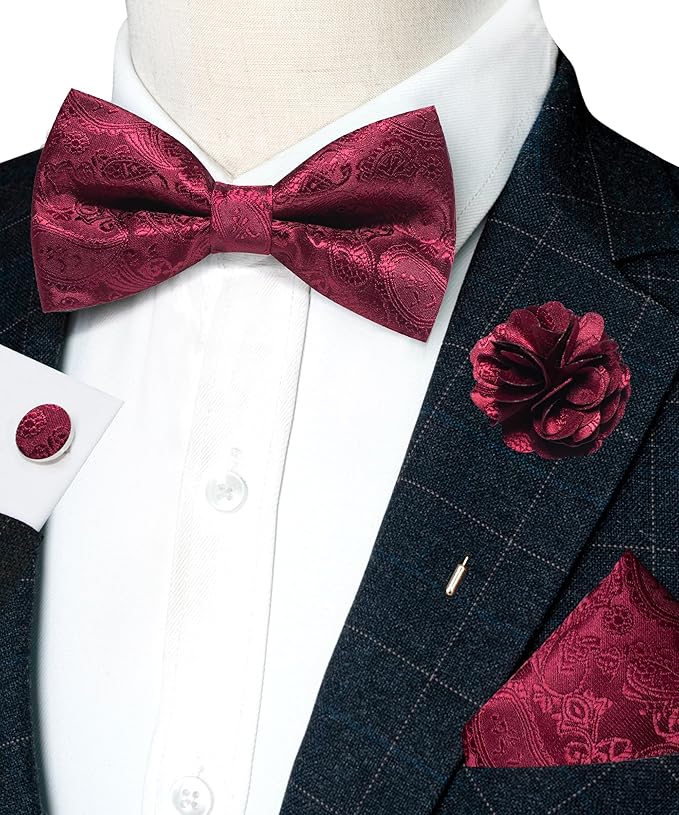 JEMYGINS Paisley Pre-tied Bow Tie and Pocket Square Cufflinks Lapel Pin Sets for Men 4PCS