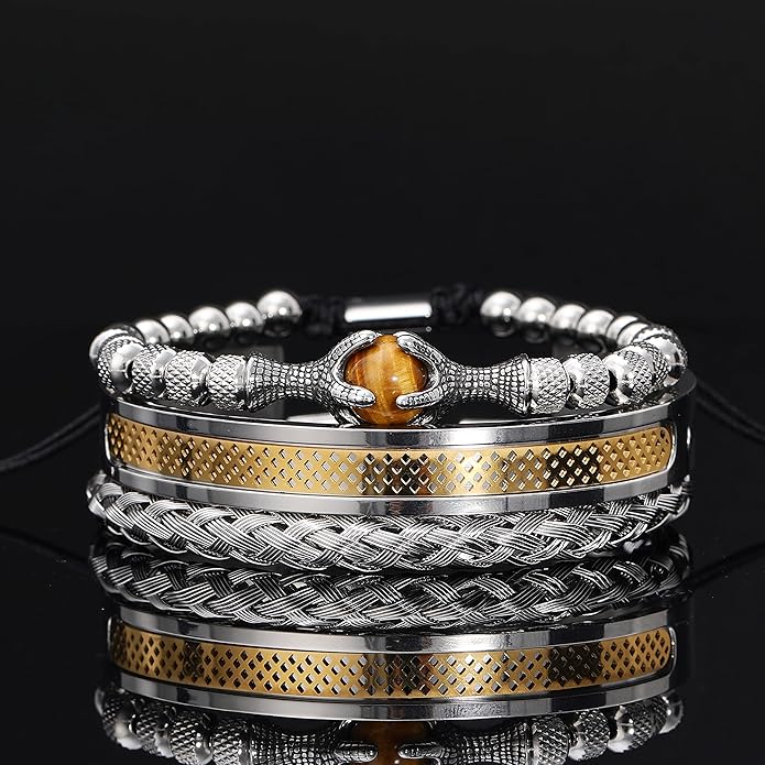 WFYOU 3PCS Stainless Steel Bracelets for Men Gold Roman Numeral Bangle Bracelet Twisted Cable Bracelet Adjustable Cuff Bracelet Mens Luxury Jewelry Bracelets Gifts