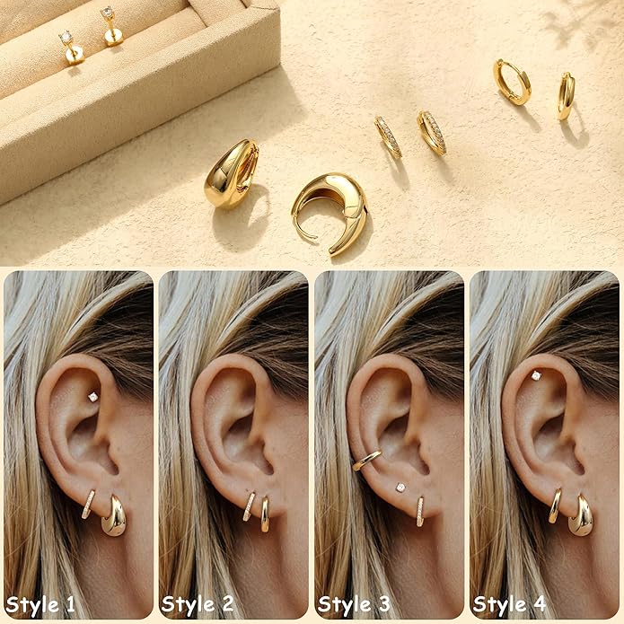 BESTEEL Small Hoop Earrings for Women - Hypoallergenic 14K Gold Plated Surgical Steel Chunky Huggie Earings Stacks Set Dainty Cute Cartilage Flat Back Stud Jewelry Trendy Gift 4 Pairs