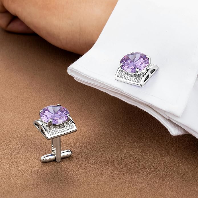 HAWSON Large Silver Birthstone Cuff Links Mens, Colorful Gem Cufflinks for Shirt Suit Accessories, Birthday Anniversary Wedding Gifts for Groommens Husband Father
