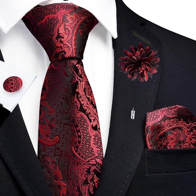 GUSLESON 8cm Paisley Tie Set for Men Necktie Lapel Pin Pocket Square Cufflinks Set for Men