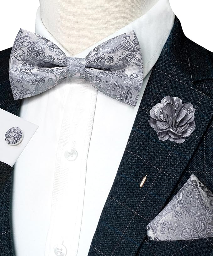 JEMYGINS Paisley Pre-tied Bow Tie and Pocket Square Cufflinks Lapel Pin Sets for Men 4PCS