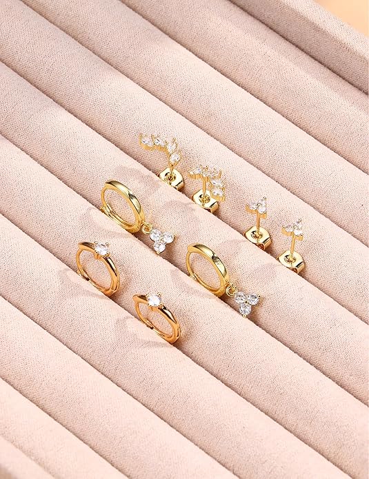 Florideco 925 Sterling Silver Earrings for Women Trendy Hypoallergenic Small Gold Hoop Earrings 14K Gold Plated Stud Earring Sets for Multiple Piercing CZ Ear Cuff Cartilage Earring Stacks