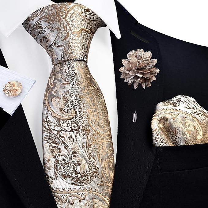 GUSLESON 8cm Paisley Tie Set for Men Necktie Lapel Pin Pocket Square Cufflinks Set for Men