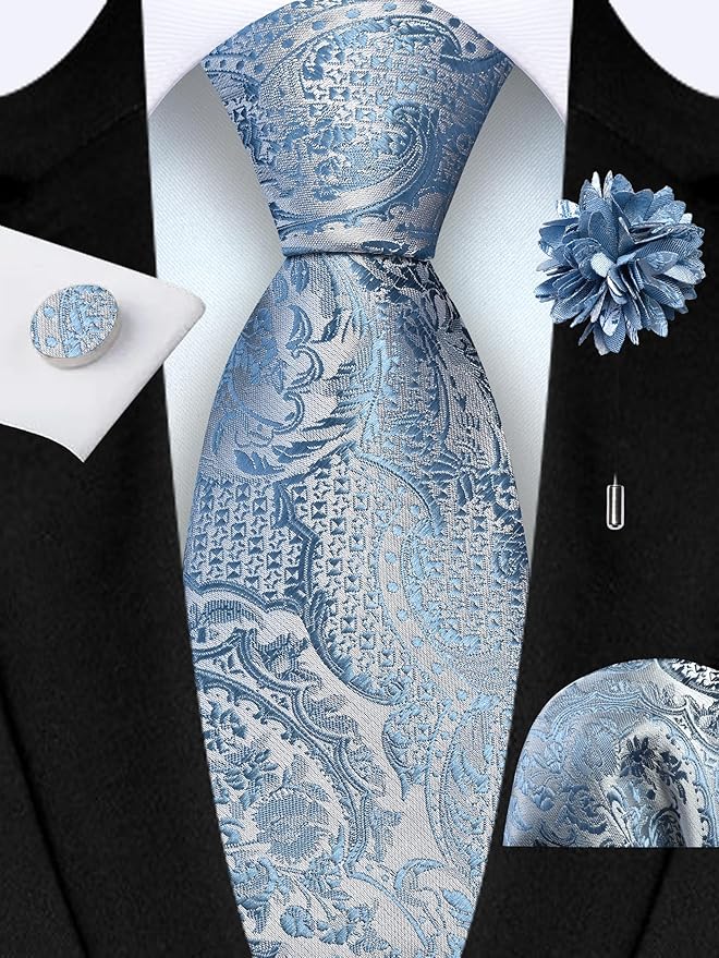GUSLESON 8cm Paisley Tie Set for Men Necktie Lapel Pin Pocket Square Cufflinks Set for Men
