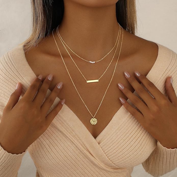 Layered Necklaces for Women 14K Gold Plated Stack Circle Pendant Trendy Long Chain Stackable Handmade Coin Necklace Set Dainty Gold Stacked Jewelry Gifts
