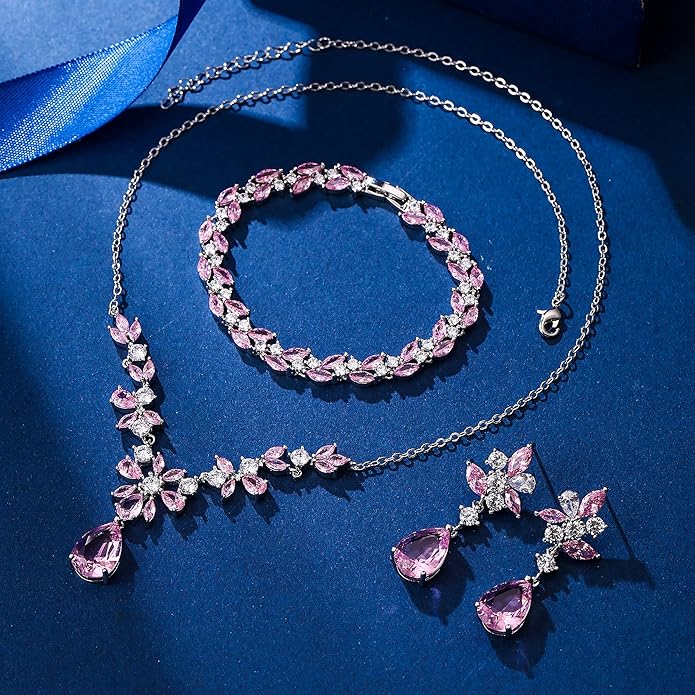 EleQueen Women's Wedding Bridal Jewelry Set for Brides Bridesmaids, Silver/14K Gold/Rose Gold Plated Cubic Zirconia Teardrop Necklace Dangle Earrings Bracelet Sets for Party Prom