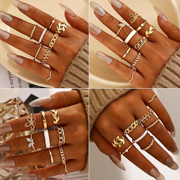 FAXHION 68 Pcs Gold Jewelry Set for Women with 7 Necklace, 17 Bracelet, 5 Hoop Earrings, 15 Stud Earrings, 24 Knuckle Rings for Women Jewelry Set for Women
