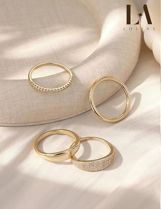 LOLIAS 14K Gold Plated Stackable Rings for Women Non Tarnish - Dainty Cubic Zirconia Wedding Bands Ring Set Minimalist Trendy Statement Engagement Promise Thumb Rings Stacking Size 5-10