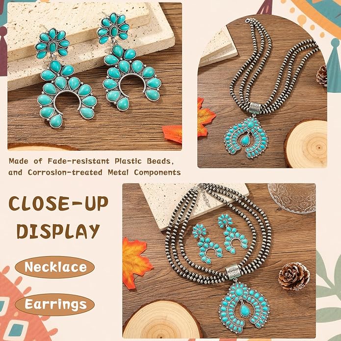 KLSURPRISE2 Western Jewelry Sets for Women – Turquoise Necklace and Earring Set Vintage Boho Cowgirl Accessories Country Jewelry Gift for Her