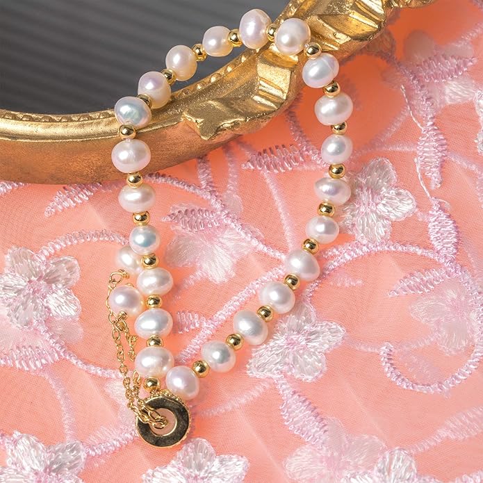 Cowlyn Pearl Bracelets for Women - Dainty 14K Gold Plated Beaded Pearl Link Chain Birthday Christmas Jewelry Gifts for Women