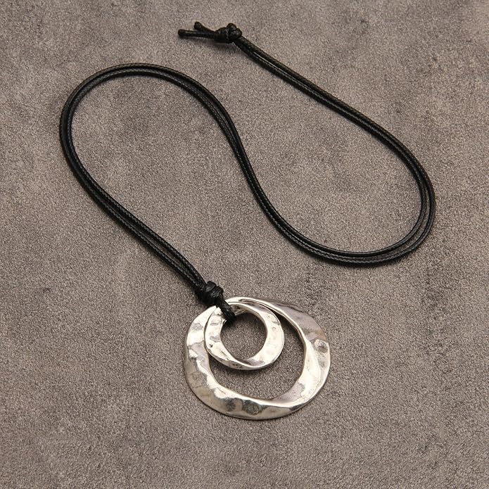 Long Boho Necklaces for Women Vintage Leather Wooden Pendant Y Choker Ethnic Style Gold Circle Hippie Sweater Necklace