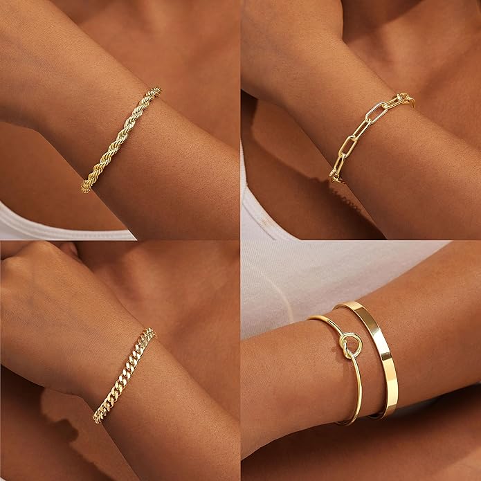 Gold Bracelets for Women Non Tarnish, 14K Gold Plated Chunky Cuff Bracelet Gold Bangles Bracelet for Women Trendy Tie Knot Cuban Rope Paperclip Beaded Bracelet Stack Jewelry Gifts