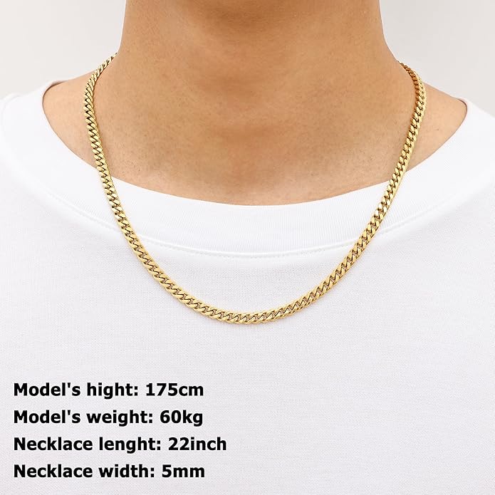 Fiusem Valentines Day Gifts for Him Silver Tone/Black/14K Gold Plated Chain Necklace for Men, 5mm/6mm/7.5mm/8mm/9mm Stainless Steel Cuban Link Chain Necklace, Men's Chains 18-28 Inch Jewelry Gifts