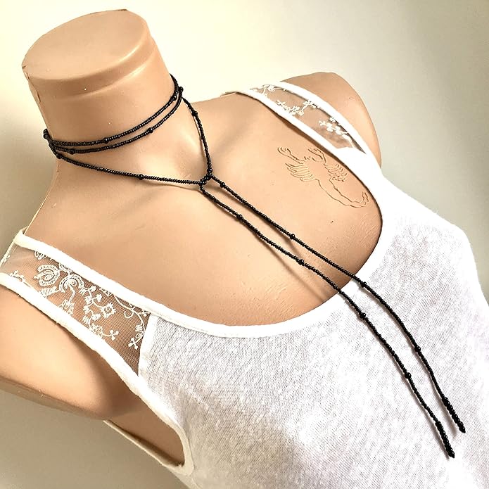 Wrapped Necklace, Black Seed Bead Jewelry, Long Layered Necklace, Tie chokier, Boho Wrapped Choker, Lariat Necklace, Christmas Gift Women