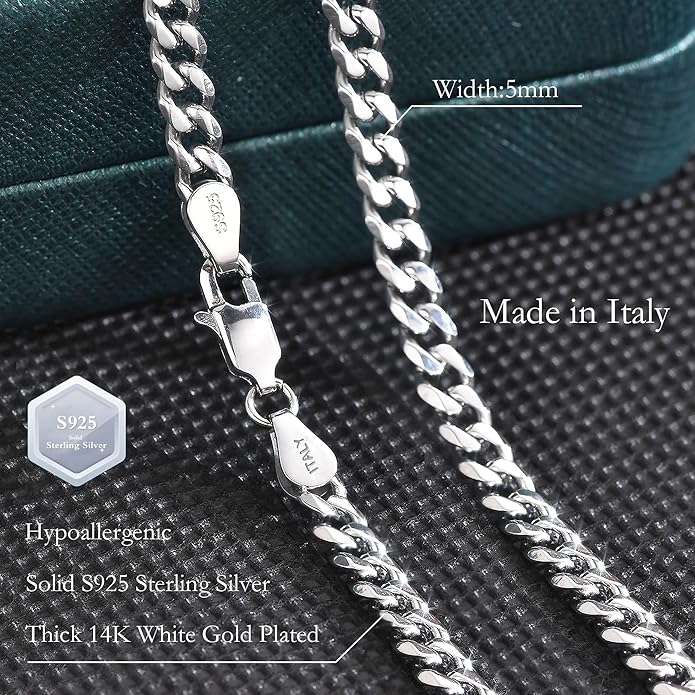 Italian Solid 925 Sterling Silver Chain Necklace for Women, 4.0mm Cuban Link Chain Necklace 14K White Gold Vermeil Sterling Silver Necklace for Women Men 16" 18" 20" 22" 24" Made in Italy