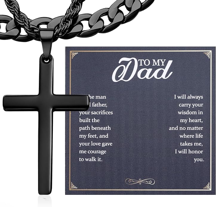 TEN MIRO Silver/Black Cross Necklace for Men Boy Stainless Steel Cross Pendant Necklace for Men Christian Religious Jewelry with Box & Card Birthday Anniversary Christmas Father's Day Gifts for Him