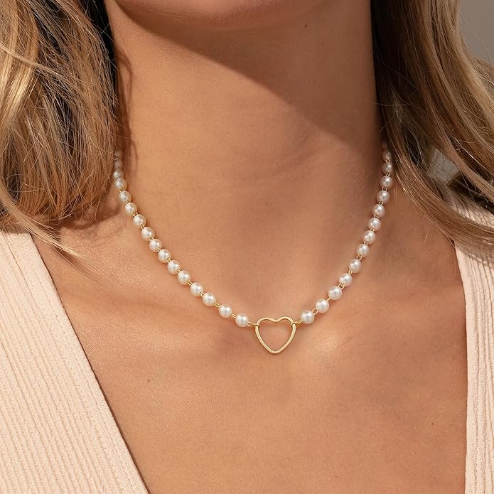 Tewiky Cute Heart Necklace Tiny 14k Gold Heart Pendant Choker Necklaces Small Gold Love Open Heart Chain Necklace for Women Dainty Gold Necklace Gifts for Her