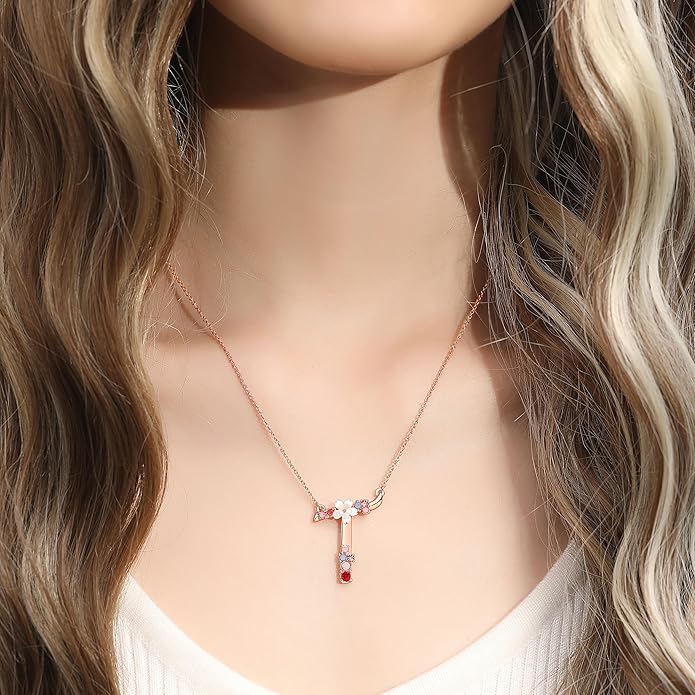 Flower Initial Letter Necklace Pink Red Blue Simulated Pearl Pendant Name Jewelry Made with Austrian Crystals Rose Gold Plated Anniversary Birthday Gifts for Women,18"+2"
