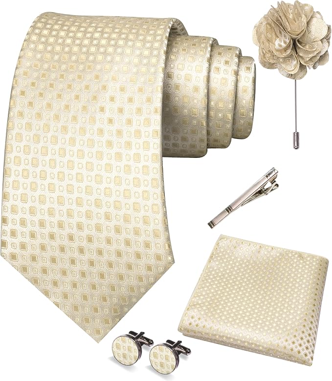 JEMYGINS Mens Tie and Pocket Square,Lapel Pin,Cufflinks,Tie Clip Sets with Gift Box 5PCS