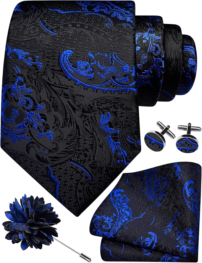 GUSLESON 8cm Paisley Tie Set for Men Necktie Lapel Pin Pocket Square Cufflinks Set for Men