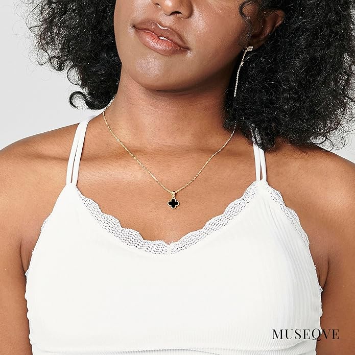 MUSEQVE Four Leaf Clover Necklace for Women Dainty Mother of Pearl White Black Onyx Pink Blue Mint Green Crystal Lucky Clover Pendant 14K Gold Plated Jewelry Gifts [CVRN]