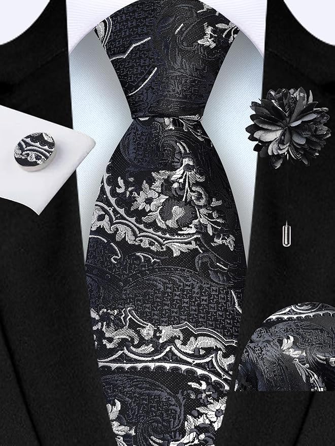 GUSLESON 8cm Paisley Tie Set for Men Necktie Lapel Pin Pocket Square Cufflinks Set for Men