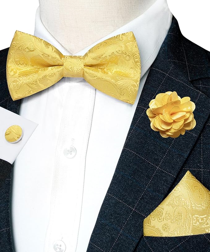JEMYGINS Paisley Pre-tied Bow Tie and Pocket Square Cufflinks Lapel Pin Sets for Men 4PCS