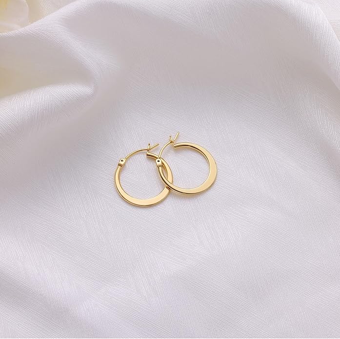 Gacimy Flattened 14K Gold Plated Hoop Earrings for Women, 14K Real Gold Plated Hoops with 925 Sterling Silver Post,Hypoallergenic Lightweight Earring