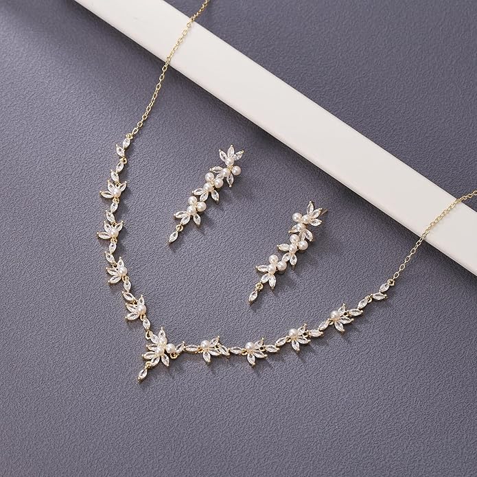 EleQueen Women's Simulated Pearl Wedding Jewelry Set, Cubic Zirconia Marquise Floral Bridal Necklace Earrings Bracelet Sets