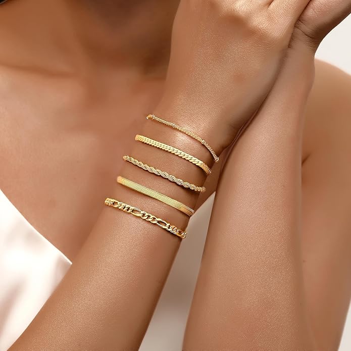 XIANNVXI Gold Plated Bracelets for Women Adjustable 14K Dainty Gold Bracelet Stack for Women Stackable Cuban Link Paperclip Chain Bracelet Set 5PCS Cute Trendy Bracelets for Present