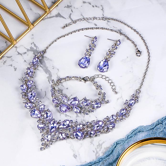 BriLove Wedding Bridal Jewelery for Women Austrian Crystal Teardrop Cluster Statement Necklace Dangle Earrings Link Bracelet Set