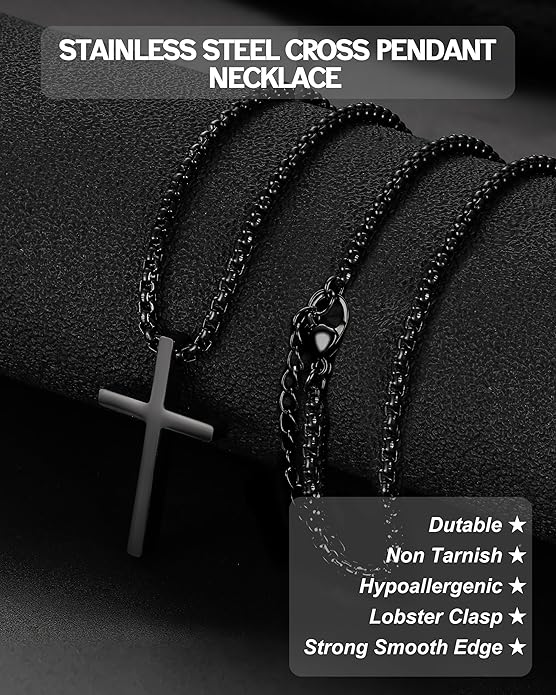 TEN MIRO Silver/Black Cross Necklace for Men Boy Stainless Steel Cross Pendant Necklace for Men Christian Religious Jewelry with Box & Card Birthday Anniversary Christmas Father's Day Gifts for Him