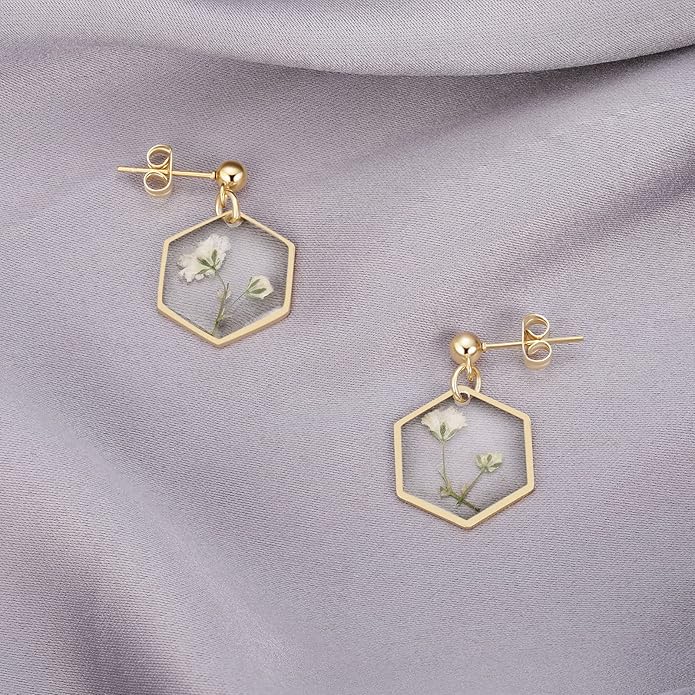 Forget-Me-Not and Queen Anne's Lace Pressed Wildflower Earrings | Pressed Flower Earrings | Handmade Drop and Dangle Earrings | Gift for Woman