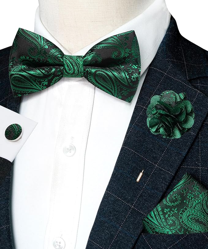 JEMYGINS Mens Paisley Bow Tie and Lapel Pin Necktie Pocket Square and Tie Clip with Sets for Business Casual 4PCS