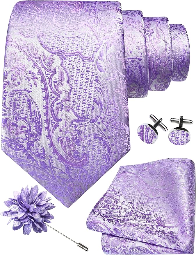GUSLESON 8cm Paisley Tie Set for Men Necktie Lapel Pin Pocket Square Cufflinks Set for Men