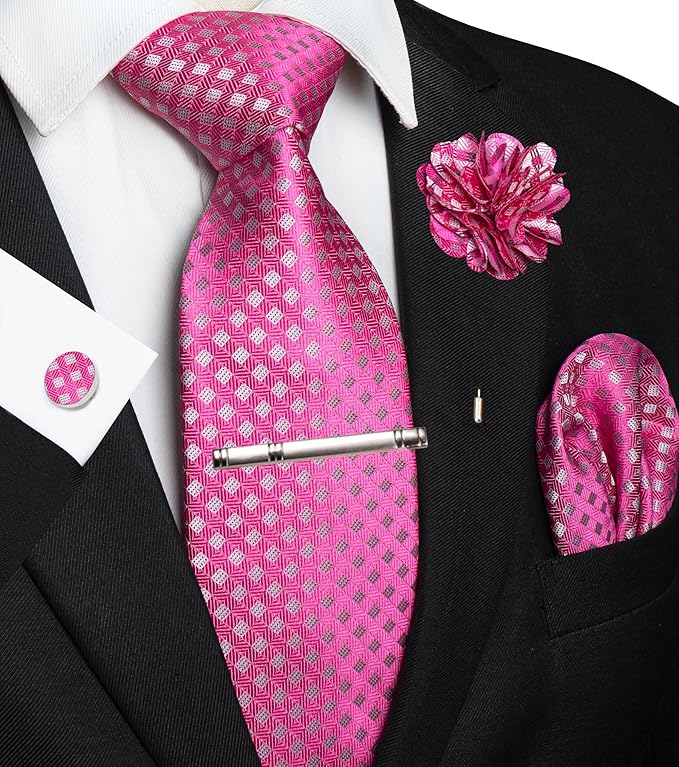 JEMYGINS Mens Tie and Pocket Square,Lapel Pin,Cufflinks,Tie Clip Sets with Gift Box 5PCS
