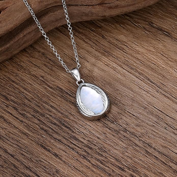 Genuine Moonstone Feather Pendant Necklace 925 Sterling Silver vintage Natural Gemstone June Birthstone Religious Teardrop Jewelry for Women Feather Lover